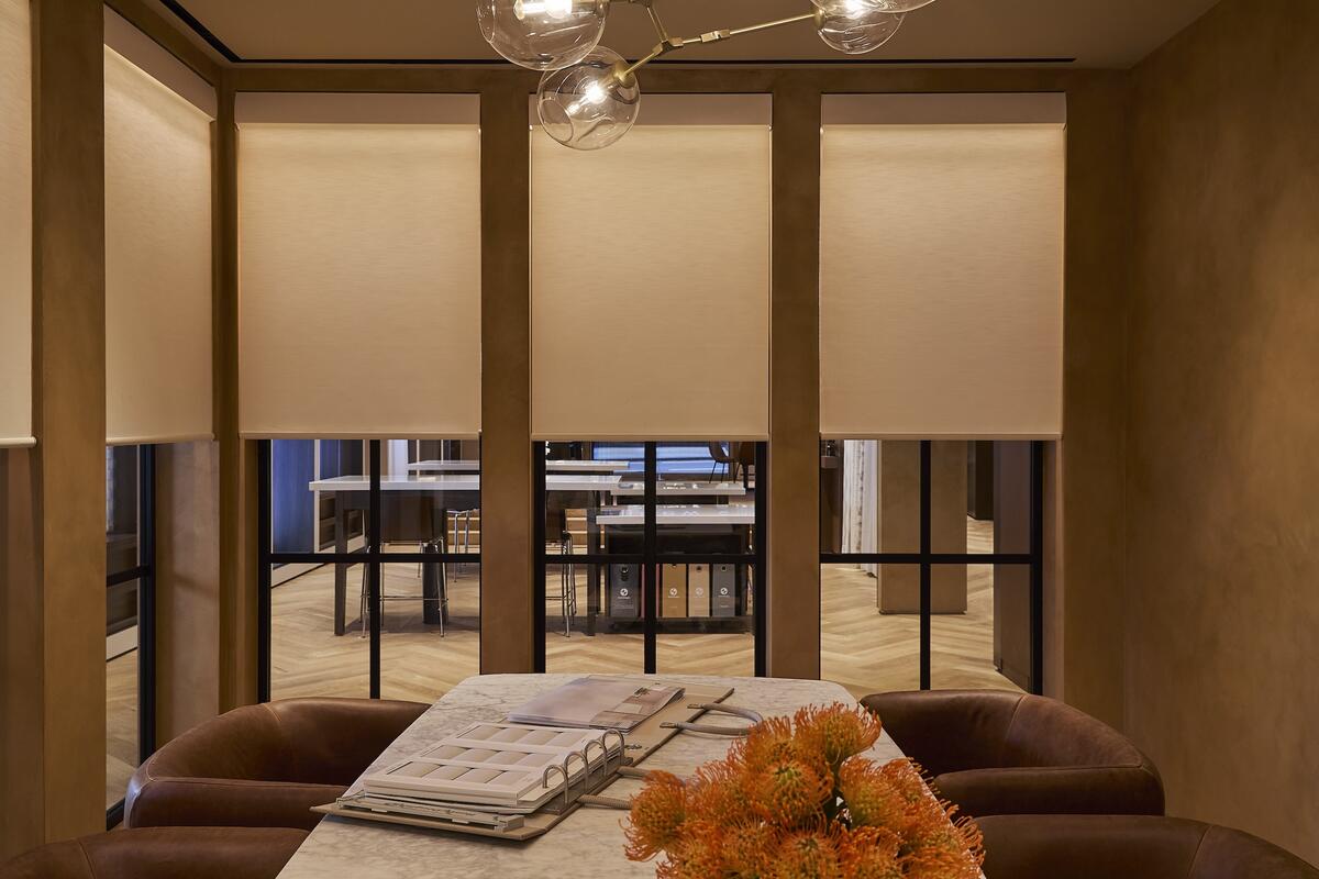 One of the new products on display is the Aura Illuminated shade, which features built-in lighting effects that simulate sunlight