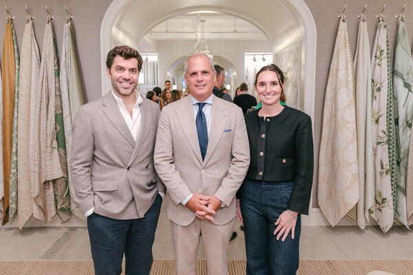 Rick Kilmer of Thibaut (center) with David Frazier and Nicole Roberts of Frazier’s eponymous architecture and design firm