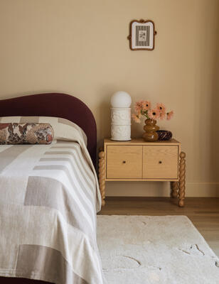 Hawser nightstand, Narsi linen-cotton bedspread, Eevi table lamp